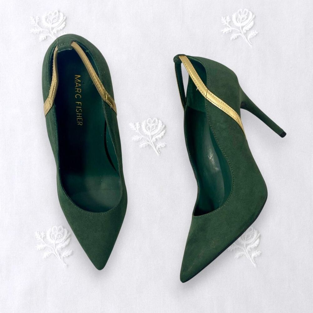 Marc Fisher Elegant Glam Dark Green Suede Gold Stiletto High Heels US 7